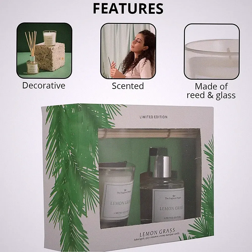 Lemon Grass - Fragrance Gift Set, 50ml Diffuser Oil, 5 Reeds and 1 Votive Candle