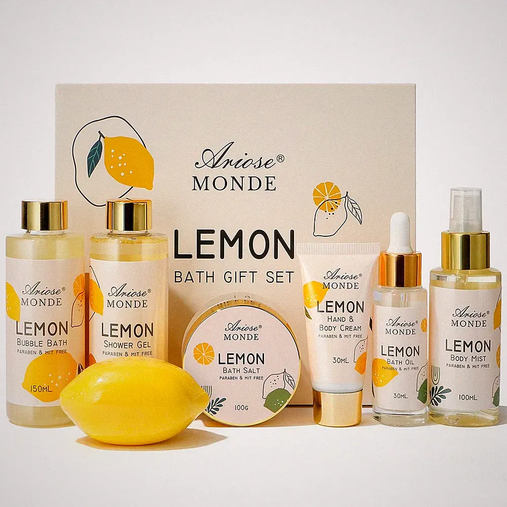 Lemon Scent Bath Spa Gift Box Set for Women - Shower Gel, Bubble Bath, Body C...