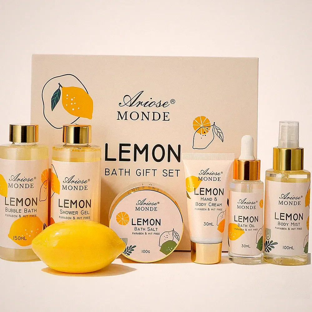 Lemon Scent Bath Spa Gift Box Set for Women - Shower Gel, Bubble Bath, Body Crea